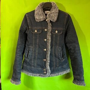 Finesse USA Denim Jacket Dark Wash Faux Fur Trim Grey Y2K Linen Medium